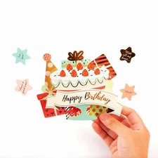 Strawberry Birthday Cake and Gifts - Pop Up Birthday Greeting Card with Envelope