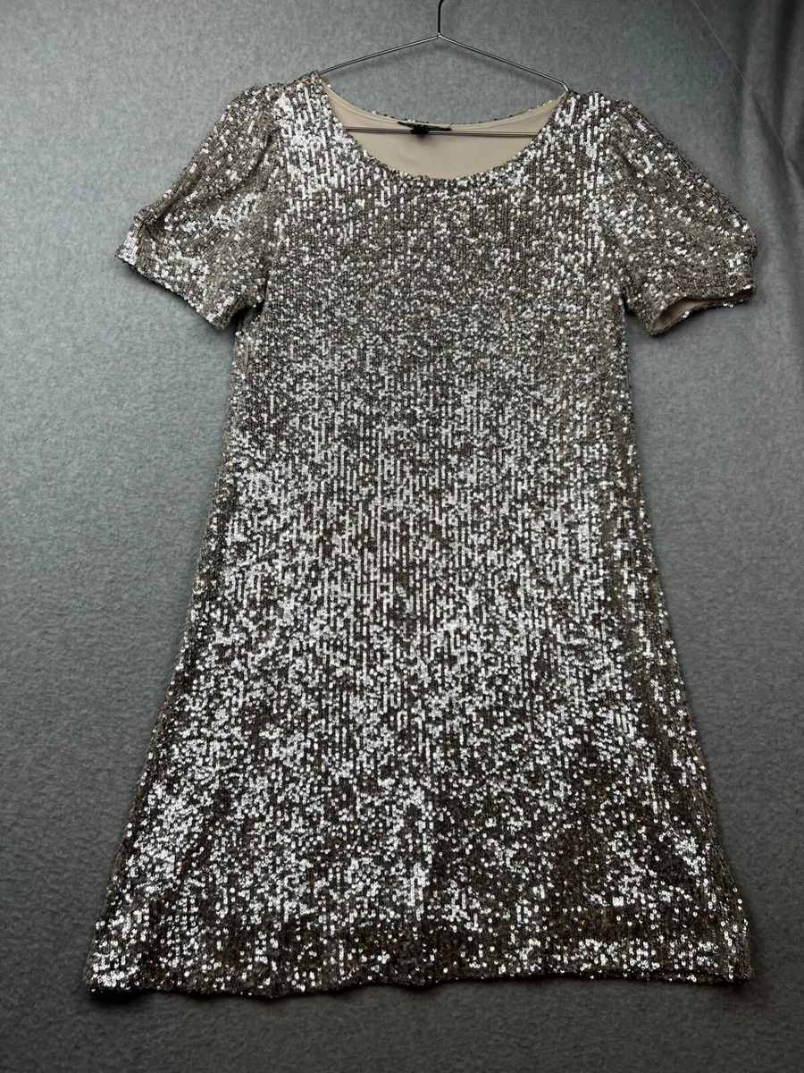 Cable Gauge Women Sequin Mini Shift Dress Silver Sparkle Size S