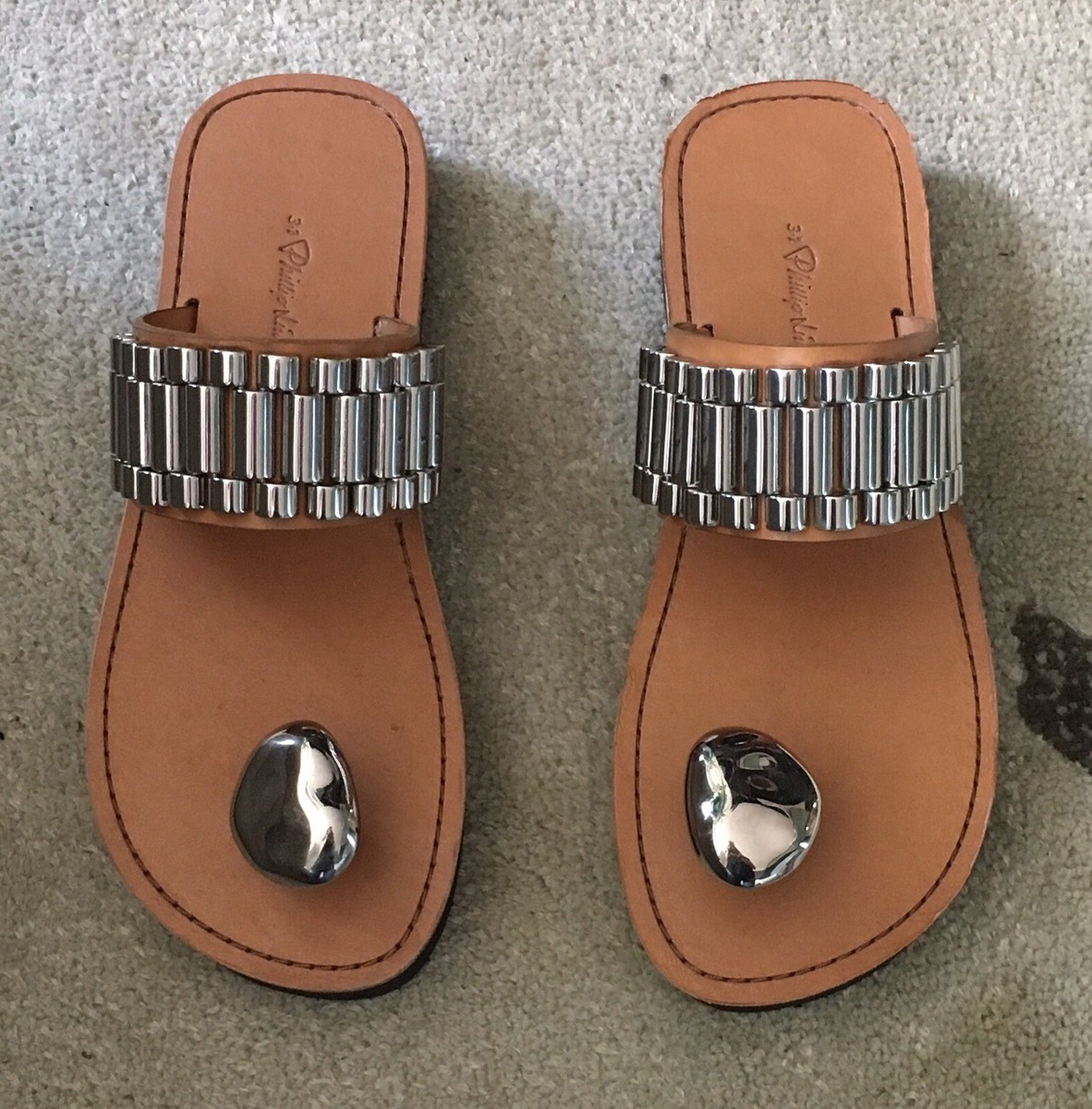 NWOB Phillip Lim Tan Leather Silver Hardware Slip-On Slides