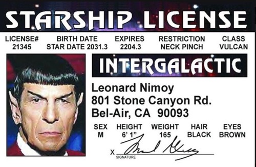 Mr.Spock,Star Trek Drivers License 3.4” X 2.2” Laminated ID Card. - Picture 2 of 2