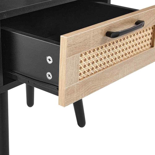 Black 15.75 in. Rattan Nightstand with Drawer and Solid Wood Legs - Picture 4 of 7
