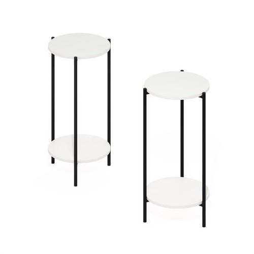 Furinno Besi 2-Tier Modern Tall Round Side End Table, Set of 2, White/Black