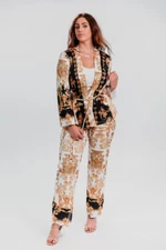 Co-ord Gold Tribal Print 2 Piece Set Open Front Belted Jacket Straight Pant Set