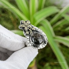Natural Turritella Agate Promise Flower Adjustable Ring 925 Silver For Women