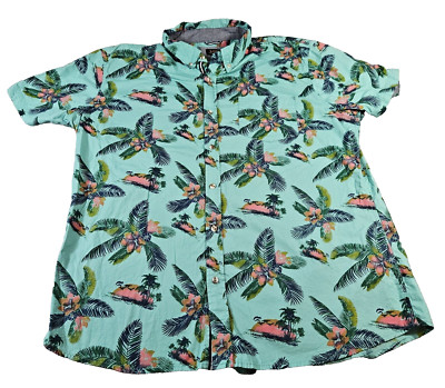 Lee Hawaiian Men's Aloha Shirt Short Sleeve XXl Green Floral Sunset Palm Trees 
