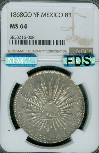 1868 GO YE MEXICO 8 REALES NGC MS64 PQ MAC  FDS 1st DIE STRIKE & SPOTLESS RARE *