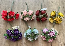 1” Parchment Paper Flowers Leaves Wire Stem Buds Assorted Colors 60 pcs