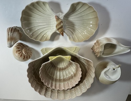 Seashell Bowls Salt And Pepper Creamer Sugar Bowl Three Serving Dishes Seashell - Picture 2 of 16