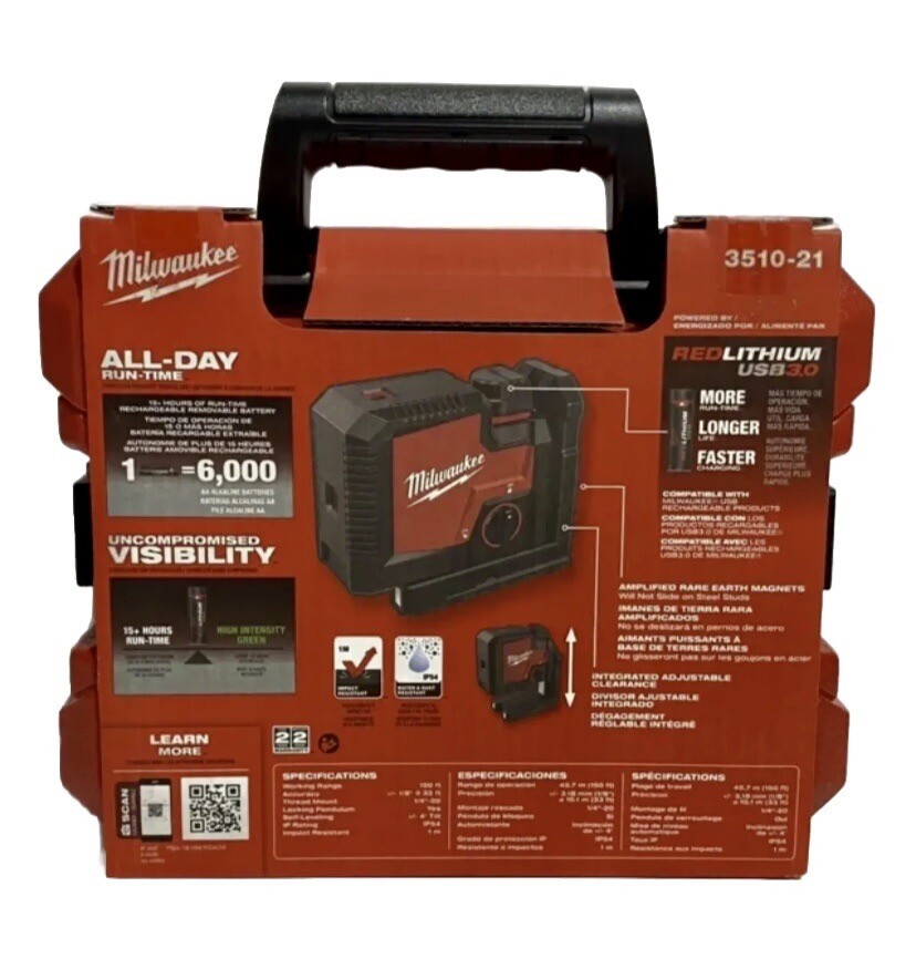 Milwaukee USB Rechargeable Green Cross Line Laser Red Black 3521 21 milwaukee-usb-rechargeable-green-cross-line-laser-red-black-3521-21