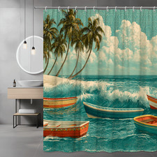 Tropical Beach Scene Shower Curtain Palm Trees Ocean Boats