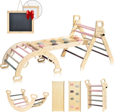 Pikler Triangle Set, 7-In-1 Foldable Wooden Toddler Climbing Toys Indoor Playgro