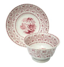 Antique Red Transferware Handleless Cup & Saucer Agricultural Vase RMW & Co. Eng