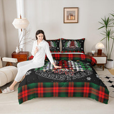 Merry Christmas Kids Comforter Set King Size,Red Black Green Plaid Print Bedding