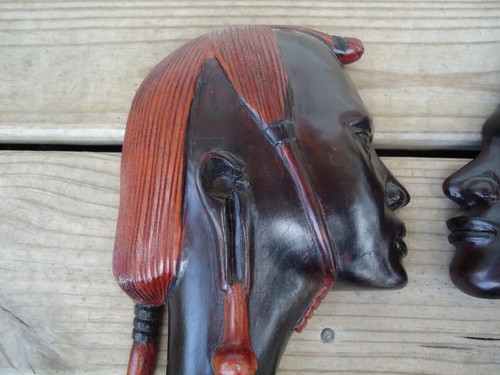 Hand Carved African Tribal Mask Art Pair Male Female Ear Adornment Head Band - Picture 2 of 12