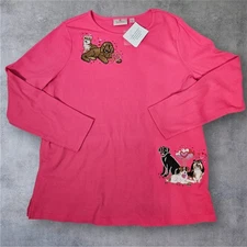 Quacker Factory by Jeanne Bice Pink Waffle Knit Top Dog Embroidery Large NWT H18