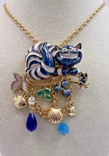 Signed RARE Blue Cheshire Cat Alice in Wonderland Necklace Brooch New Whimsical