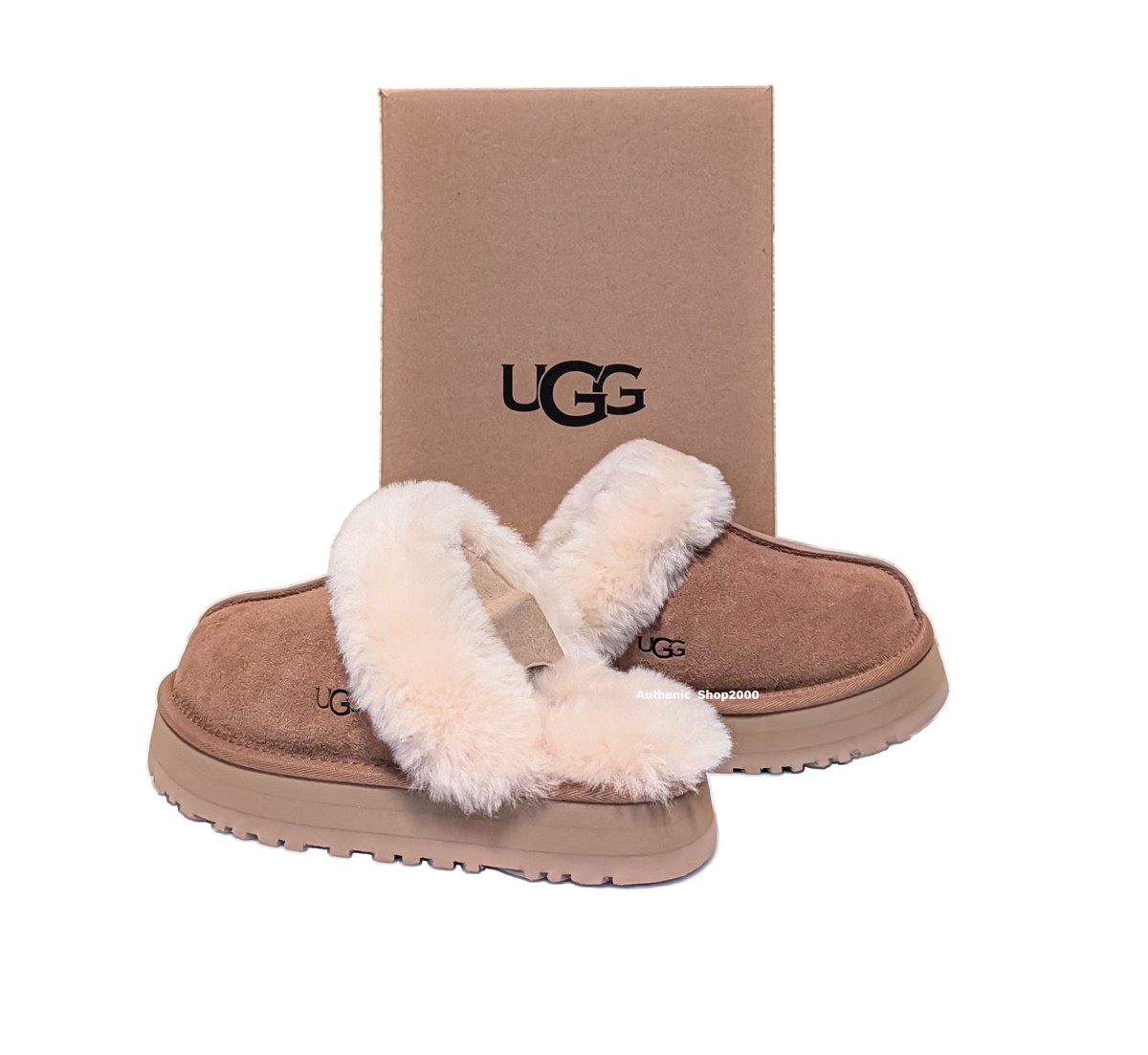 New 100% Authentic UGG Soft Disquette Platform Slippers Chestnut
