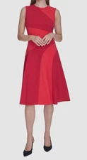 Halston Women's Red Colorblocked Fit & Flare Dress Size 10