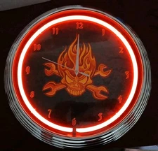 Mechanic Fire Skull Cross Wrenches Red Neon Hanging Wall Clock 15" Bar Pool 