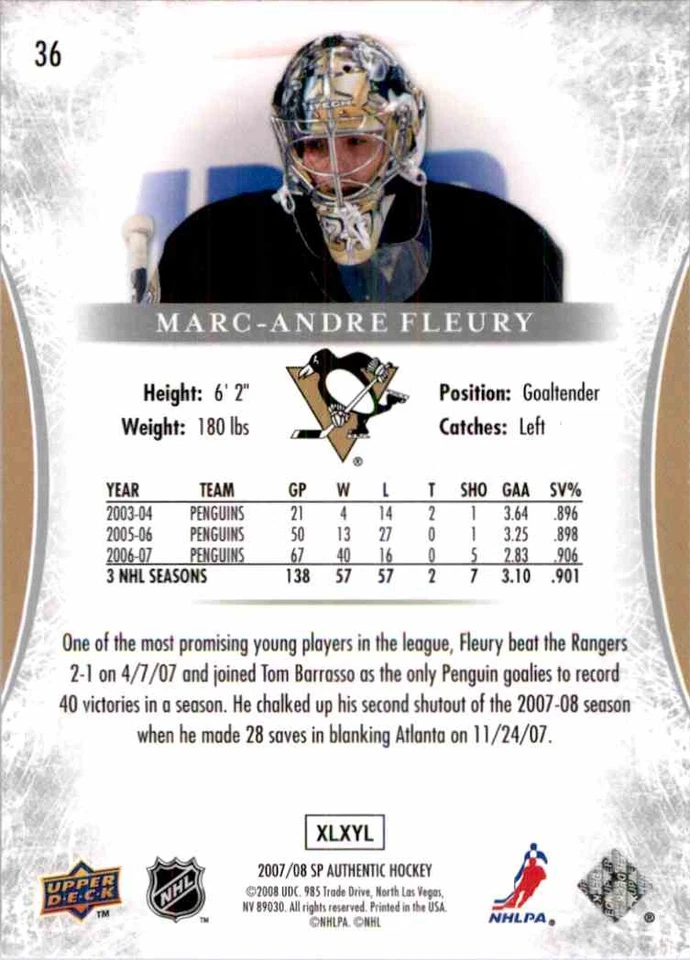 2007-08 Upper Deck SP Authentic Marc-Andre Fleury #36 - Image 2 of 2