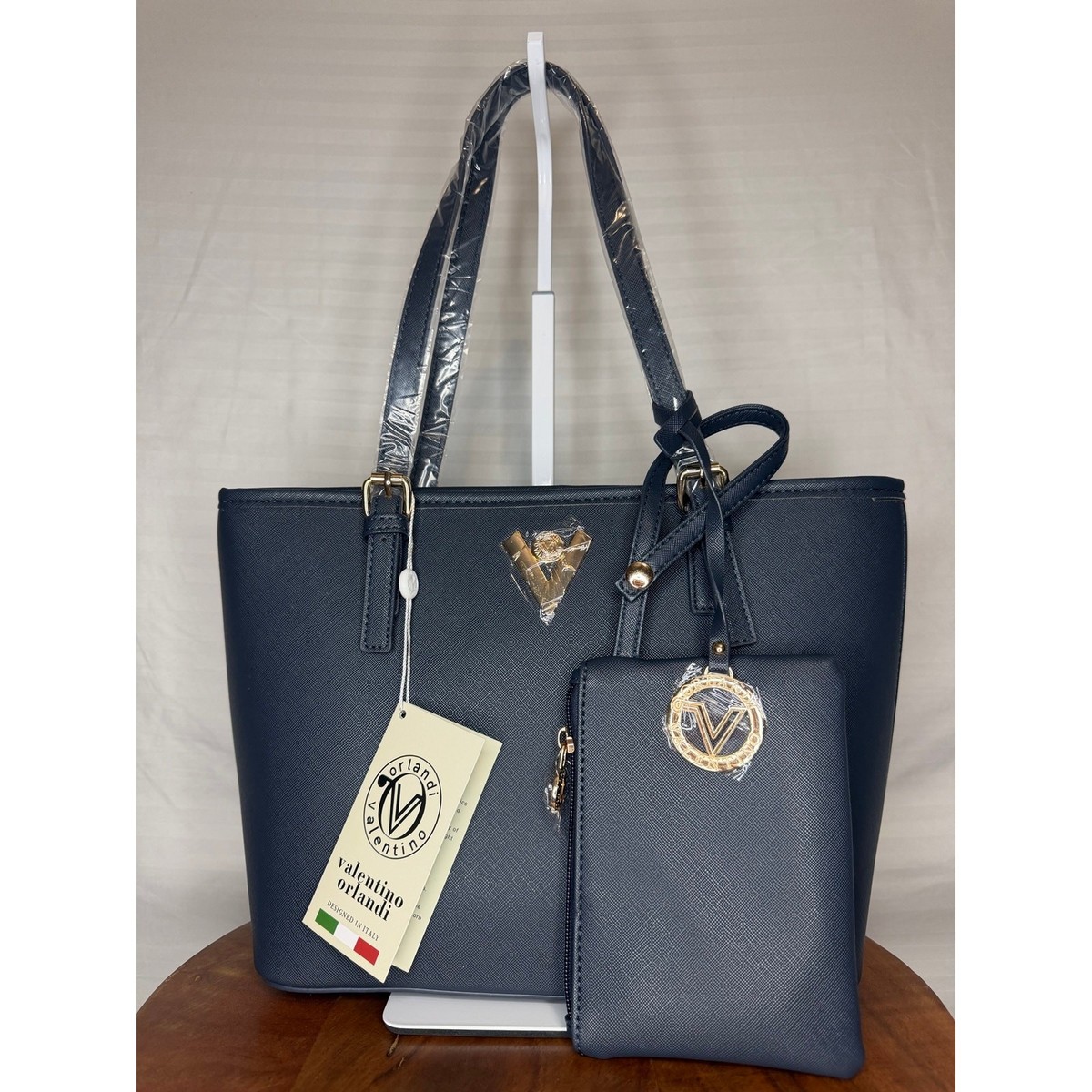 Valentino Orlandi Natalia Tote Navy Blue NWT Vegan Leather w