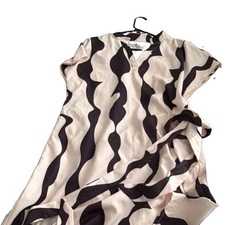 Beige/Black Abstract V-Neck Short Sleeve Polyester Midi Dress Size M New Imperf