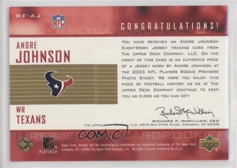 2003 Upper Deck Rookie Futures Gold /99 Andre Johnson #RF-AJ HOF - Image 2 of 2