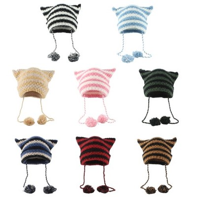 Y2K Teens Winter Cat Ear Hat Striped Hat Handmade Cat Ear Shape Hat Casual Wear