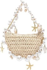 Women Pearl Handbag Straw Purse: Woven Summer Beach Bag Vacation Clutch Purse...