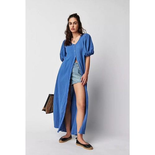 Maxi abito Free People Jen's Pirate Booty Paraguay con bottoni $252 blu medio nuovo - Foto 1 di 5