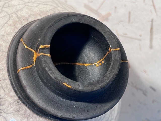 Kintsugi Raku,Lrg White/Black Crackle Vase/Urn, C. Dockins, Kintsugi Lid, Exc