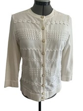 Vintage-Style Ivory Textured Knit Button-Up Cardigan With 3/4 Sleeves Grannycore