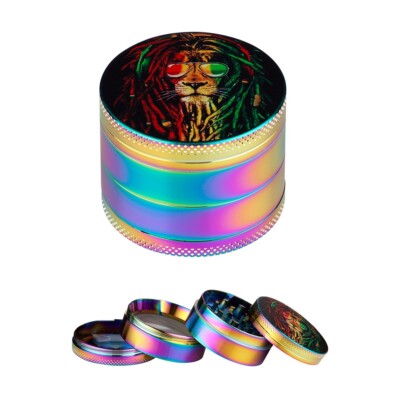 Lion Grinder Crusher Sieb Tabak Gewürz Kräuter Mühle 49 mm Metall Rainbow bunt