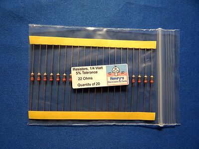 Resistors, carbon film, 1/4 watt, 5%, axial leaded, 22 Ohm - QTY of 20