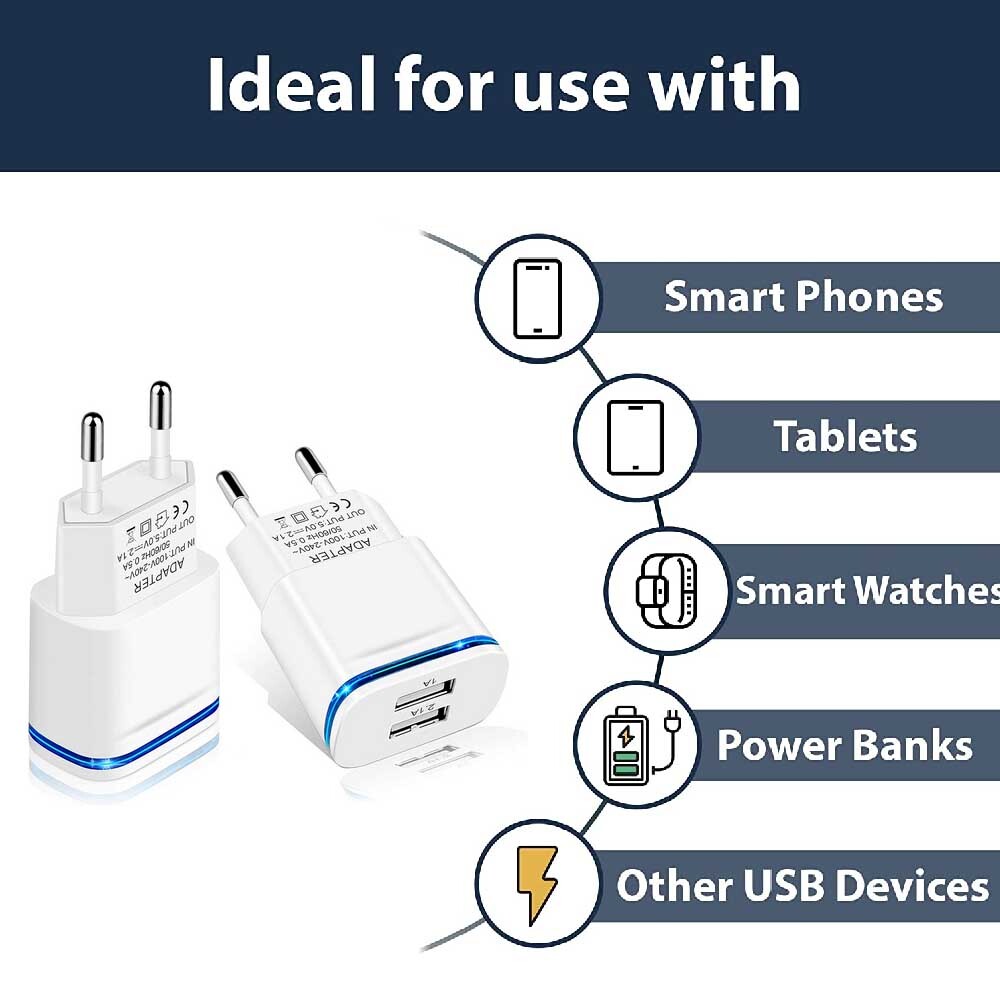 2x Caricabatterie da Viaggio UE con 2 Porte USB - Universale per Smartphone e Tablet foto 2