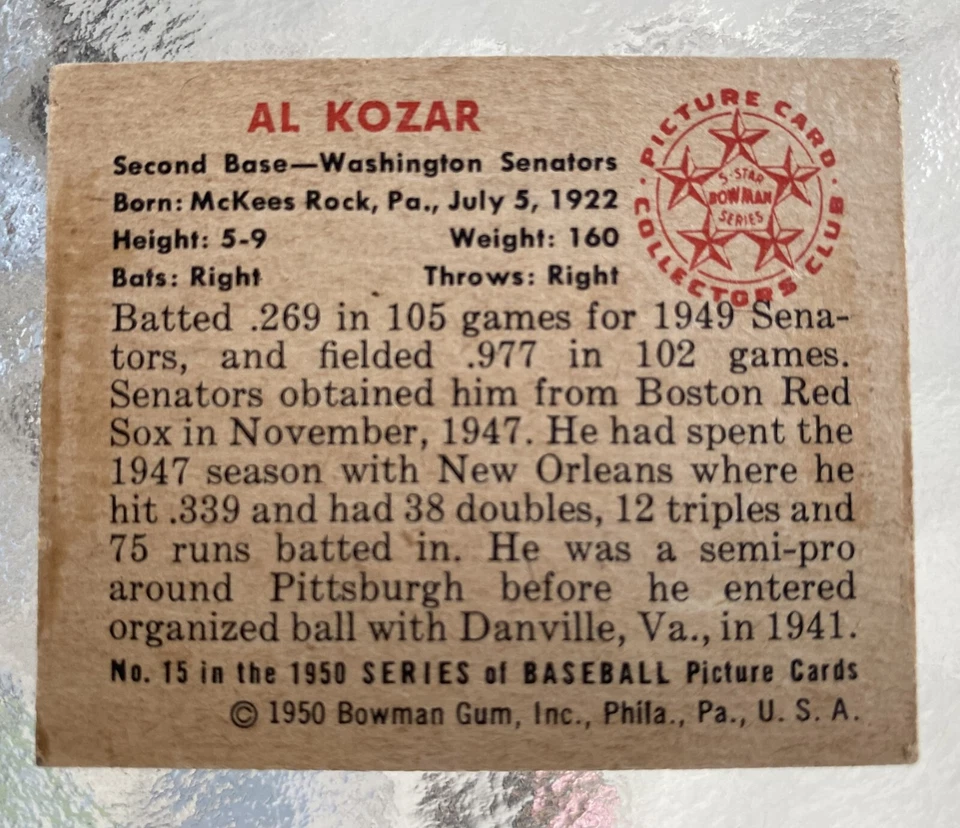 1950 Bowman AL KOZAR Washington Senators Vintage Baseball Card #15 NoCreases ENM - Image 2 of 2