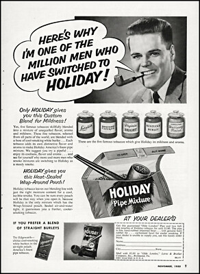 holiday mixture pipe tobacco 1955 Holiday pipe tobacco mixture man smoking pipe vintage photo print ad  S19A