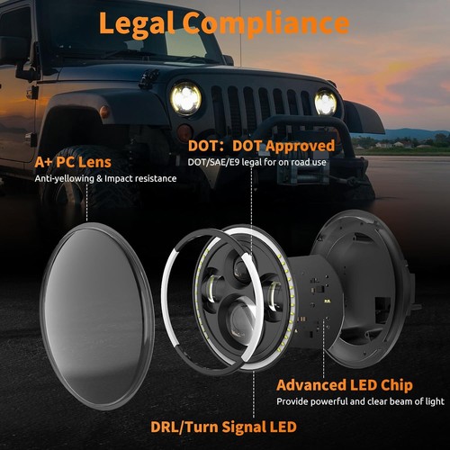 2PCS 7" Round LED Headlights Sealed Beam for Jeep Wrangler LJ CJ JK TJ JKU 97-17 - Picture 4 of 9