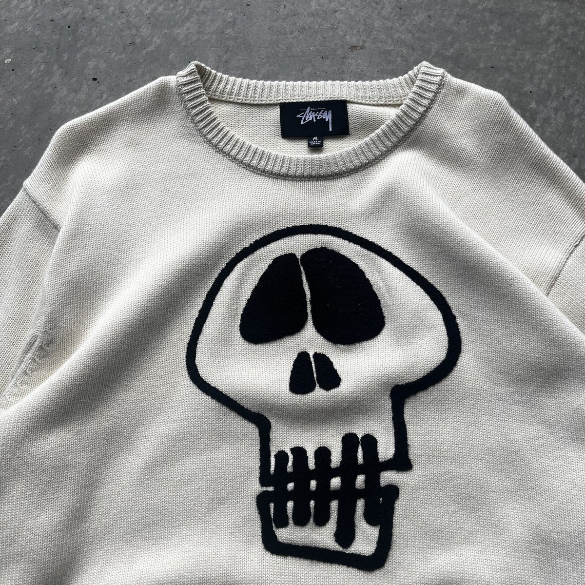 Cream Stussy Skull Knit Sweater Streetwear Embroidered | eBay