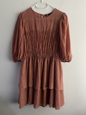 Zara Dress Pink Embroidered Tiered Floaty Mini Stretchy Size Large L Ruched