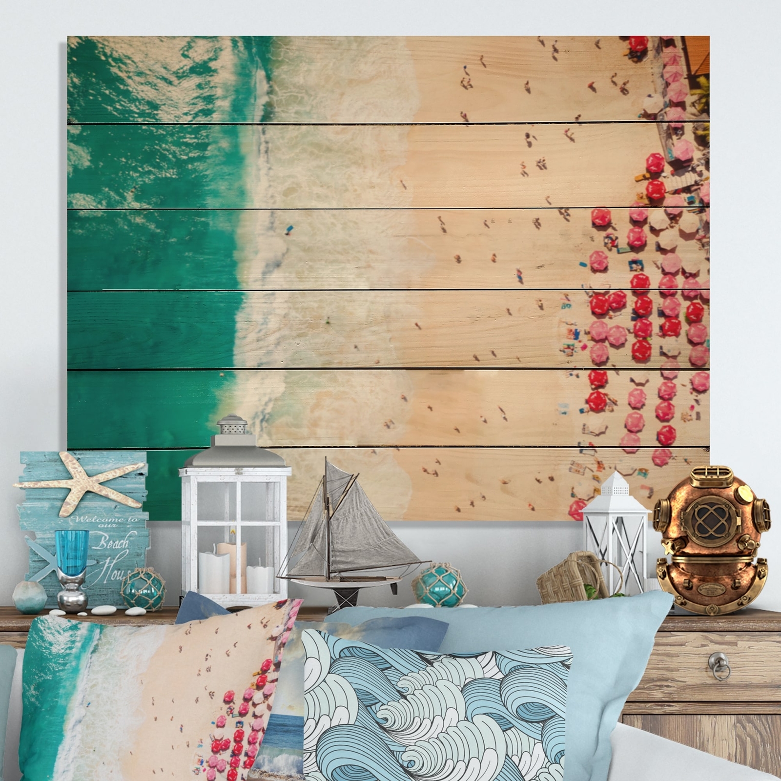 Designart 'Coastline Ocean Beach Aerian View' Nautical & Coastal Wood Wall Art