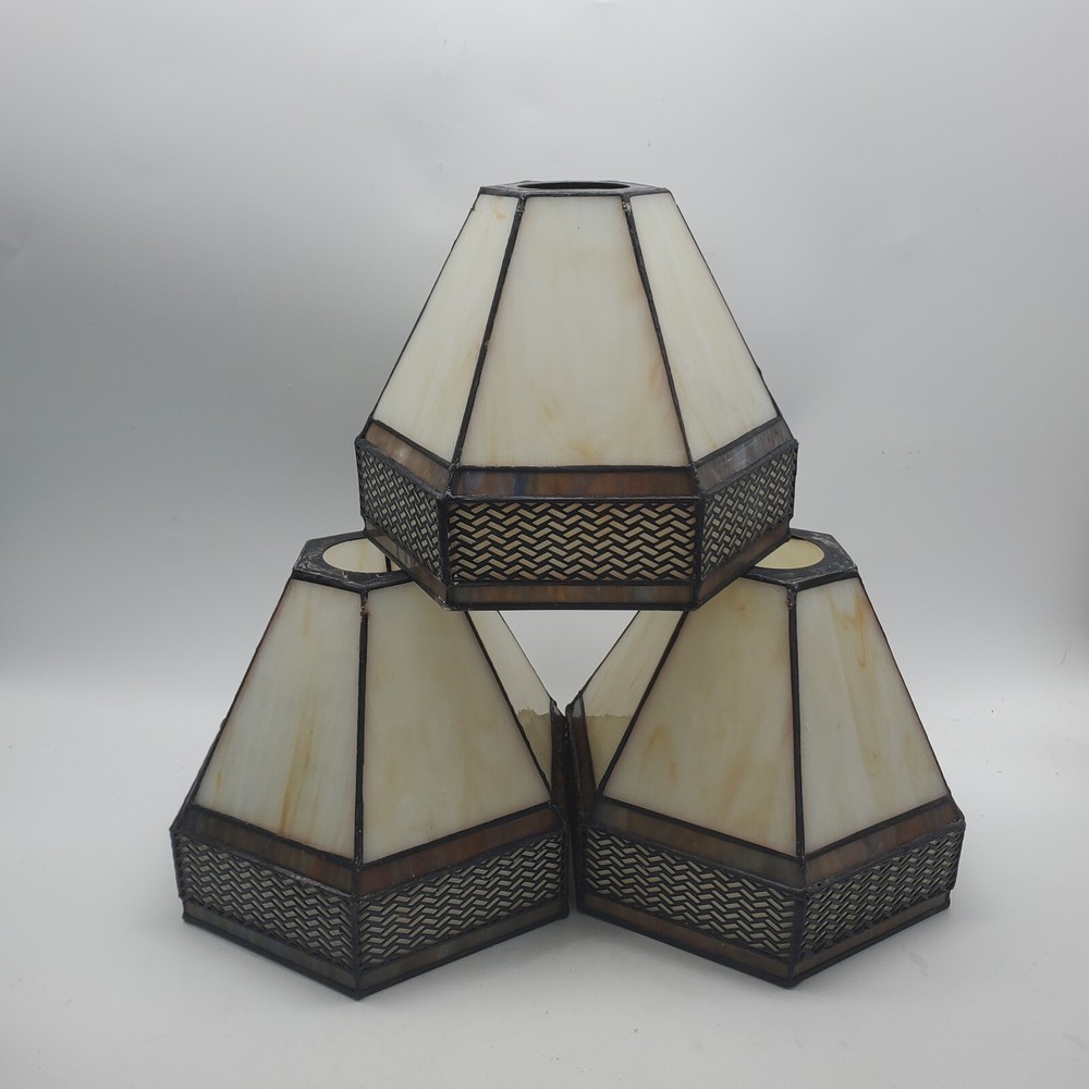 3 Tiffany Mission Spectrum Slag Stained Glass Lamp Shades Ceiling Fan Light Vtg