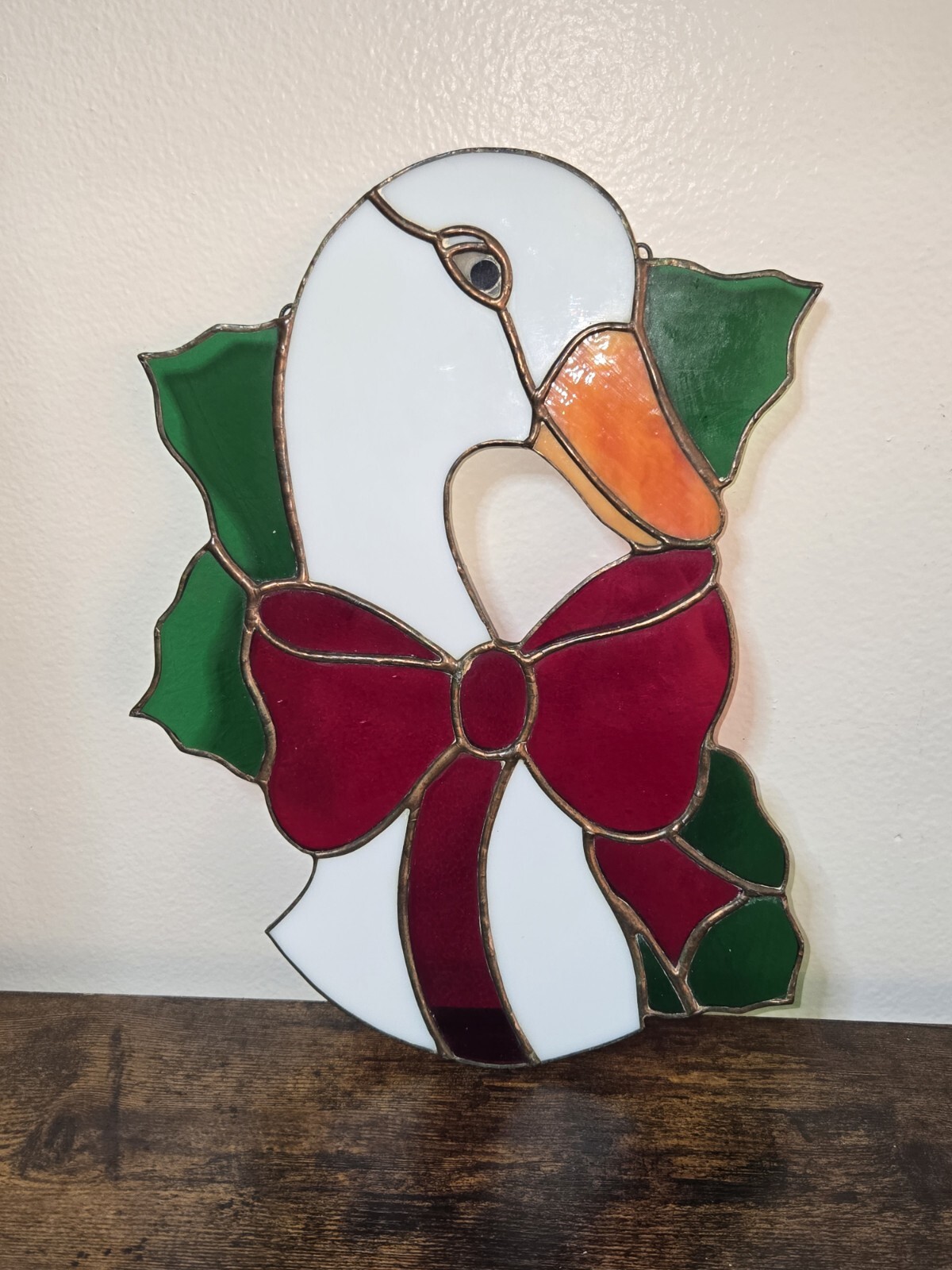 Vintage Stained Glass Christmas White Goose Bow Hanging Sun Catchers Window 10”
