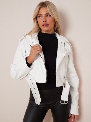 Women's Ladies Biker Faux Leather Jacket Cropped Short