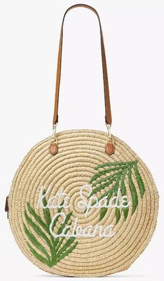 KATE SPADE Sunkiss Cabana Straw Tan Green Round Crossbody Pool Beach Tote Bag