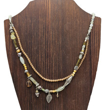 J.Jill Double Strand Beaded Necklace Earth Tone Silver Tone Leaf Charm Boho Arts