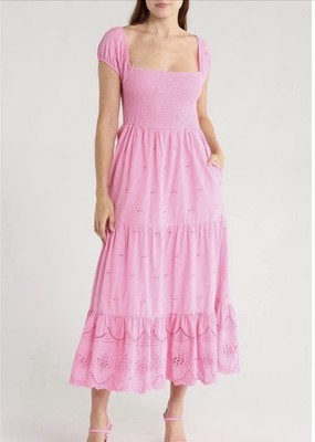 AREA STARS Martina Smocked Cotton Eyelet Sundress Puff Sleeve Pink Sz M NWT $195
