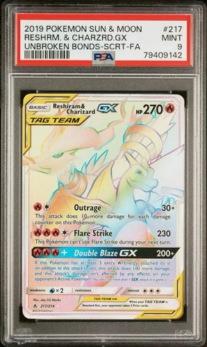 Pokémon Reshiram & Charizard GX (Secret) 217/214 Sm-Unbroken Bonds Holo PSA 9