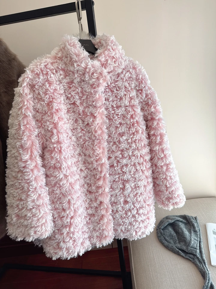 Blusa de pele de cordeiro rosa encaracolada média longa pelúcia grossa 2025 outono inverno feminina - Imagem 4 de 4