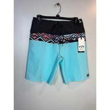 Billabong Kids Board Shorts Turquoise Black Geometric Print Elastic Waist NEW 28
